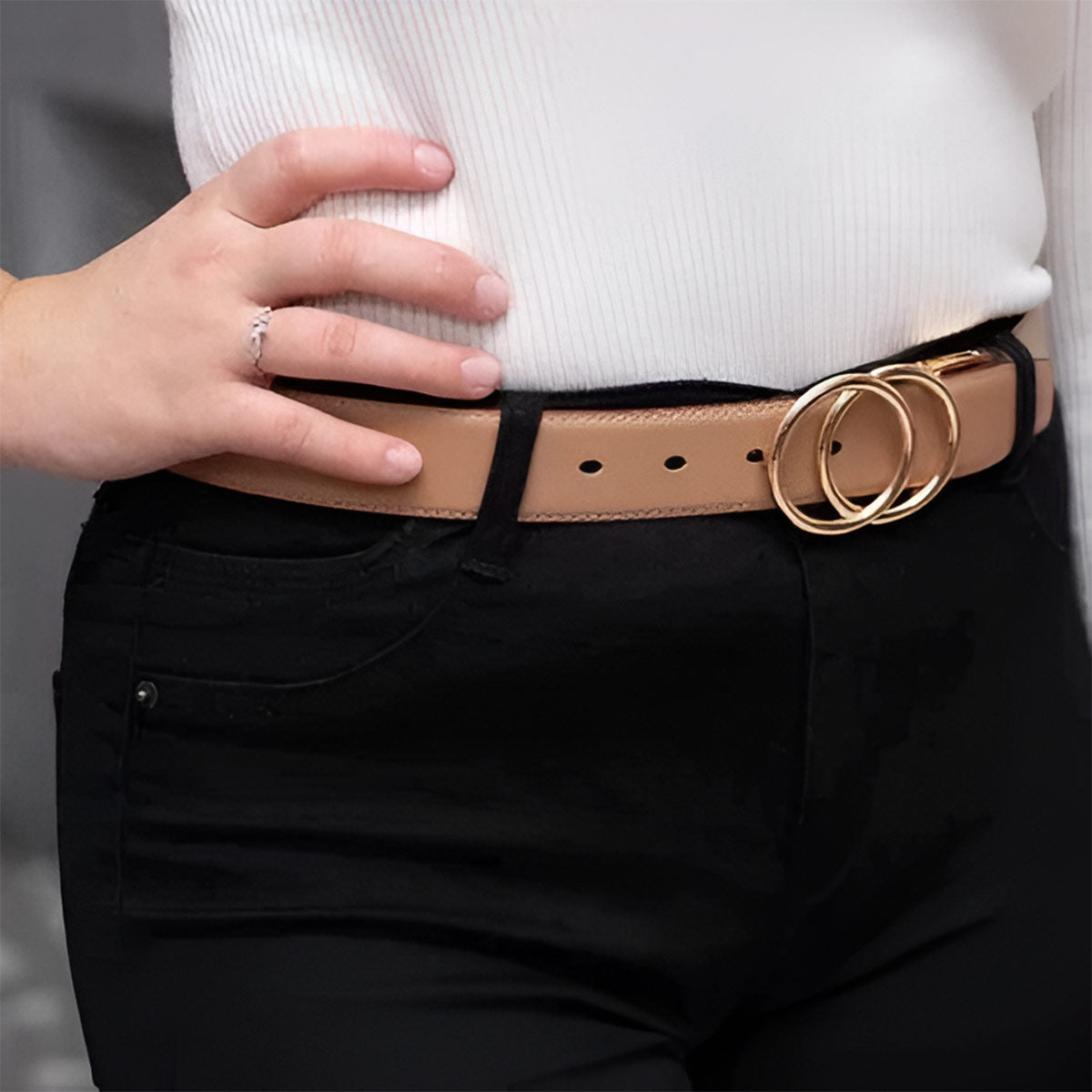 Ceinture réversible en cuir  2 en 1 pour femme, modèle Lena, double anneau torsadé