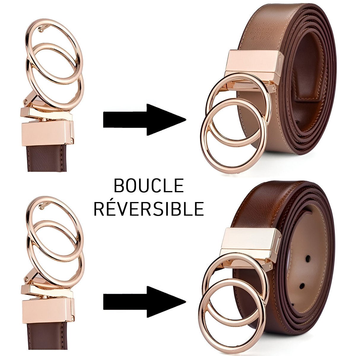 Ceinture réversible en cuir  2 en 1 pour femme, modèle Lena, double anneau torsadé